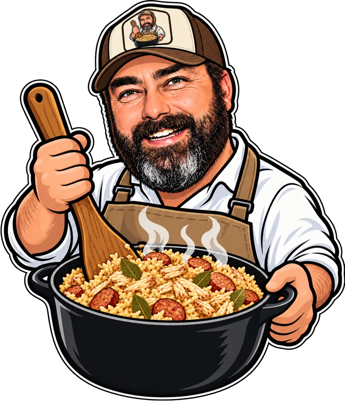Taber, grinning in a trucker hat and apron, stirring a pot of chicken bog